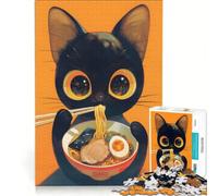 Rompecabezas para Adolescentes de 1000 Piezas con ilustración de un Gato Negro Comiendo Ramen, Juegos relajantes, Actividades Familiares, con póster y Hoja de Preguntas a Juego 38x52cm