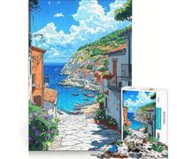 Rompecabezas para Adolescentes de 1000 Piezas con Paisaje Marino de un Pueblo mediterráneo Juguetes para armar Que mejoran la Memoria con póster y Hoja de Preguntas a Juego 50x75cm