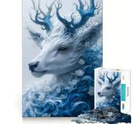 Rompecabezas para Adolescentes de 1000 Piezas con Retrato de Ciervo Floral Azul y Blanco,diseño de Bordes precisos,Juego Divertido y Relajante,Regalo navideño Tranquilo 50x75cm