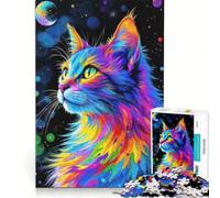 Rompecabezas para Adolescentes de 1000 Piezas con Retrato de Gato Colorido en el Espacio, Juguetes para armar, Que mejoran la Memoria, con póster y Hoja de Preguntas a Juego 38x26cm