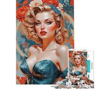 Rompecabezas para Adolescentes de 1000 Piezas con Retrato de una Rubia Pin-up con Detalles Florales Rompecabezas para Adultos Juegos Familiares dificultad Alta cumpleaños y Navidad