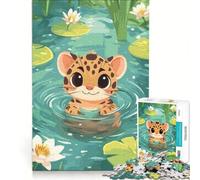 Rompecabezas para adolescentes de 1000 piezas con un simpático jaguar de dibujos animados en un estanque Juguete educativo que mejora la memoria Incluye póster y hoja de preguntas y respuestas 38x26cm