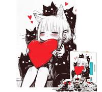 Rompecabezas para Adolescentes de 1000 Piezas con una Linda Chica Anime Neko con corazón Rojo y Gatos Negros Juguete Intelectual Juego Imposible decoración Perfecta Regalos para Mujeres y Hombres