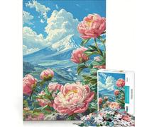 Rompecabezas para Adolescentes de 1000 Piezas con Vista al Monte Fuji y Sus peonías Juego práctico Actividades Divertidas para Hacer en casa con póster y Hoja de Preguntas a Juego 50x75cm