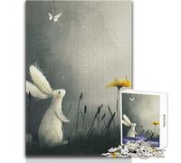 Rompecabezas para Adolescentes de 1000 Piezas, Conejo y Mariposa en un Prado en Escala de Grises, Juguete Intelectual, Juguete difícil, decoración de Pared, tamaño 38x52cm