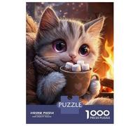 Rompecabezas para Adolescentes De 1000 Piezas Cute Cat with Hot Chocolate Rompecabezas para Adultos Juguete Decoración De Pared Corte De Precisión para Cumpleaños, Navidad 52x38cm/1000pcs