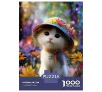 Rompecabezas para Adolescentes De 1000 Piezas Cute Kitten with Floral Hat Rompecabezas para Adultos Juegos Relajantes Regalo De Cumpleaños Diversión En Casa Actividades, 52x38cm/1000pcs
