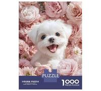 Rompecabezas para Adolescentes De 1000 Piezas Cute White Dog Surrounded by Pink Flowers Rompecabezas para Adultos Juego De Ingenio Una Obra De Arte Actividades Divertidas En Casa 52x38cm/1000pcs