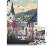 Rompecabezas para Adolescentes de 1000 Piezas de Bergen,Noruega Póster de Viaje Juego desafiante Juguetes educativos antiestrés Tamaño 38x26cm
