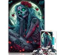 Rompecabezas para Adolescentes de 1000 Piezas de Skull Girl Under The Moon para Adultos Juguetes de Entretenimiento Familiar con póster a Juego y Hoja de Trivia de 26x38cm