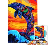 Rompecabezas para Adolescentes de 1000 Piezas Delfín Saltando Entre Olas del océano Un Reto para completar Difícil Juguete de decoración para el hogar para Mayores de 14 años (38x52cm)