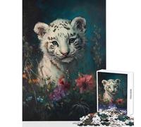 Rompecabezas para Adolescentes de 1000 Piezas diseño de Cachorro de Tigre Blanco Entre Flores Juguete Educativo Ideal para Juegos Juego Educativo Interesante para Reducir el estrés (tamaño 50x75cm)