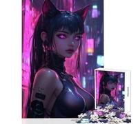 Rompecabezas para Adolescentes de 1000 Piezas diseño de Catgirl ciberpunk en un Paisaje Urbano de neón Juguete Educativo Ideas de Regalo para Juegos educativos Mejora el Amor Entre Parejas 38x52cm