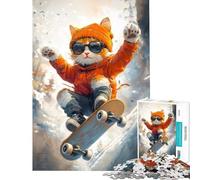 Rompecabezas para Adolescentes de 1000 Piezas Divertido Gato patinando sobre Patines Juguete Intelectual Juego Imposible Decoración Perfecta Regalos para Hombres y Mujeres (tamaño 38x26cm)