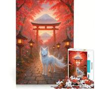 Rompecabezas para Adolescentes de 1000 Piezas El espíritu del Torii - Zorro Blanco místico en otoño en Japón Juguetes antiestrés Carrera de Velocidad de Manos Mejora del Amor Entre Parejas 38x26cm