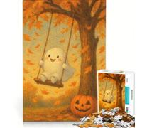 Rompecabezas para Adolescentes de 1000 Piezas: Fantasma Adorable en un Columpio con Calabaza, Juegos educativos, decoración de Pared, con póster y Hoja de Preguntas a Juego 38x26cm