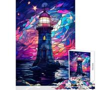 Rompecabezas para Adolescentes de 1000 Piezas Faro en vidrieras Juguetes de decoración del hogar Regalo Divertido Juego práctico con póster a Juego y Hoja de Trivia tamaño 38x52cm