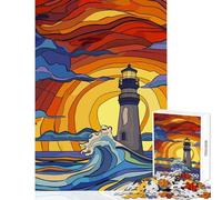 Rompecabezas para Adolescentes de 1000 Piezas Faro Original contra Las Olas al Atardecer decoración del hogar Juguetes Regalo Divertido Juego práctico con póster a Juego y Hoja de Trivia 38x26cm