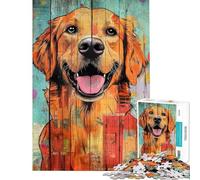 Rompecabezas para Adolescentes de 1000 Piezas Feliz Golden Retriever sobre Madera Rompecabezas de ingenio Juego de Velocidad para ejercitar el Cerebro (Tamaño 38x52cm)