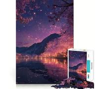 Rompecabezas para Adolescentes de 1000 Piezas Flores de Cerezo por la Noche Junto al Lago Bordes impecables Juego Divertido para Pensar Momento Acogedor y Divertido Decoración navideña (38x26cm)