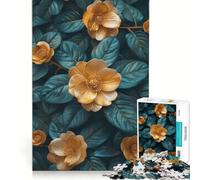 Rompecabezas para Adolescentes de 1000 Piezas Flores Doradas sobre Hojas turquesas Juguete Educativo para Mejorar la Memoria Incluye póster y Hoja de Preguntas a Juego 50x75cm