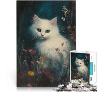 Rompecabezas para Adolescentes de 1000 Piezas Gatito Blanco Entre Flores Corte de precisión Toda la Familia. 75x50cm