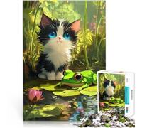 Rompecabezas para Adolescentes de 1000 Piezas Gatito y Rana Junto al Estanque Juego Intelectual de Juguete Ideas de Regalos 52x38cm
