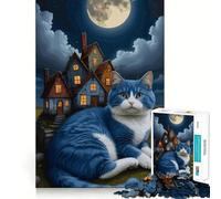 Rompecabezas para adolescentes de 1000 piezas Gato azul y casas caprichosas,diseño de bordes precisos,juego divertido para concentrarse,momento de diversión tranquilo,regalo navideño relajante 50x75cm