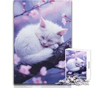 Rompecabezas para Adolescentes de 1000 Piezas, Gato Blanco durmiendo en una Rama de Cerezo, Hermoso diseño, Juego, decoración Perfecta, Regalo para cumpleaños, tamaño 38x26cm