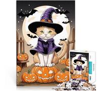 Rompecabezas para Adolescentes de 1000 Piezas Gato Brujo de Halloween Difícil Difícil con Piezas de Formas aleatorias Que se entrelazan Completamente 52x38cm