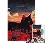 Rompecabezas para Adolescentes de 1000 Piezas Gato Campo de Flores Rojas desafiante de completar difícil decoración del hogar Juguetes para Mayores de 14 años (50x75cm)