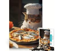Rompecabezas para Adolescentes de 1000 Piezas Gato Chef con Pizza de Pescado,Bordes impecables,Divertido Juego Mental,Regalo Acogedor,Divertido,decoración navideña para la Pared (38x26cm)