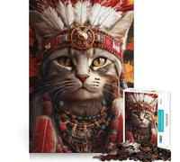 Rompecabezas para Adolescentes de 1000 Piezas Gato con Tocado Nativo Americano,Corte Ajustado,Divertido,resolución de Problemas,diversión,relajación,Tiempo de diversión,decoración navideña (50x75cm)