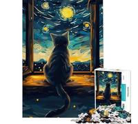 Rompecabezas para adolescentes de 1000 piezas Gato contemplando la noche estrellada Juego de ingenio Juguete intelectual Gran regalo para los amantes de los juegos Decoración de pared (Tamaño 75x50cm)