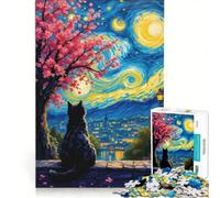 Rompecabezas para Adolescentes de 1000 Piezas: Gato contemplando un Paisaje Urbano Estrellado, Juguetes antiestrés, Carrera de Velocidad Manual, para Fortalecer el Amor en Pareja 50x75cm