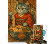 Rompecabezas para Adolescentes de 1000 Piezas Gato en Kimono Comiendo Ramen Bordes impecables Divertido Juego de Habilidad Mental Juego Tranquilo y entretenido para cumpleaños Arte y Juego (38x26cm)