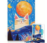Rompecabezas para Adolescentes de 1000 Piezas Gato en la Noche Estrellada Decoración de Corte preciso Juguete Creativo y Divertido Juego de Paz Pieza de Arte navideña (50x75cm)