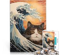 Rompecabezas para Adolescentes de 1000 Piezas Gato en Ola Japonesa Entrena tu Cerebro y Tus Manos Mejorar el Amor Entre Parejas 52x38cm