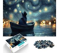 Rompecabezas para Adolescentes de 1000 Piezas Gato en un Barco bajo el Cielo Estrellado Regalos de Juegos desafiantes Una Obra de Arte 38x26cm