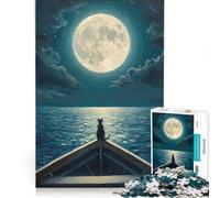Rompecabezas para Adolescentes de 1000 Piezas: Gato en un Barco bajo la luz de la Luna Juego Educativo, Ideal para Reducir el estrés Amantes de los Videojuegos 38x26cm