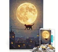 Rompecabezas para Adolescentes de 1000 Piezas: Gato en un Cable, Luna Llena, Juego práctico, para Matar el Tiempo en casa Durante Las Vacaciones, con póster y Hoja de Preguntas a Juego 38x52cm