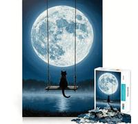 Rompecabezas para Adolescentes de 1000 Piezas Gato en un Columpio bajo la luz de la Luna Juego de Ajuste preciso Juego de ingenio Tiempo de Ocio Divertido Arte (38x52cm)