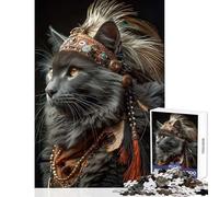 Rompecabezas para Adolescentes de 1000 Piezas Gato Gris con Tocado Nativo Americano Rompecabezas de 1000 Piezas Juguete Educativo Regalos de Amigo Invisible Decoración (38x26cm)