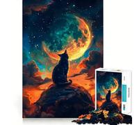 Rompecabezas para Adolescentes de 1000 Piezas Gato Mirando a la Luna Decoración de Corte preciso Juguete Creativo y Divertido Juego de Paz Pieza de Arte navideña (38x26cm)