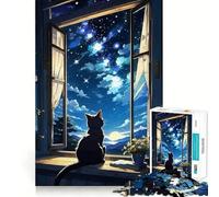 Rompecabezas para Adolescentes de 1000 Piezas Gato Mirando al Cielo Nocturno Piezas de Ajuste preciso Juguete Divertido y silencioso Ideal para cumpleaños y Actividades artísticas (50x75cm)