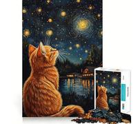 Rompecabezas para Adolescentes de 1000 Piezas Gato Mirando Las Estrellas Junto al Lago Bordes impecables Juego Divertido para Pensar Momento Acogedor y Divertido Decoración navideña (38x26cm)