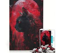 Rompecabezas para Adolescentes de 1000 Piezas: Gato Negro bajo la Luna de Sangre Juego de ingenio, desafiante de completar Toda la Familia 38x26cm