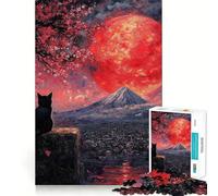 Rompecabezas para Adolescentes de 1000 Piezas Gato Negro bajo la Luna roja,diseño de Bordes Exactos,Juego de concentración,Regalo Ideal,Juego para Pasar un rato Agradable,Escena navideña 38x26cm