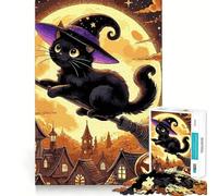 Rompecabezas para Adolescentes de 1000 Piezas Gato Negro,Bruja en Escoba,Arte de Bordes Exactos,Juego de concentración,Regalo,Juego para Pasar un rato Agradable,Arte de Escena navideña 50x75cm