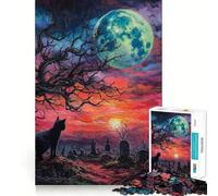 Rompecabezas para Adolescentes de 1000 Piezas Gato Negro,Cementerio,Puesta de Sol,Ajuste, Arte,Juego cognitivo,Regalo,Juego Lento,Regalo de Arte navideño (38x52cm)